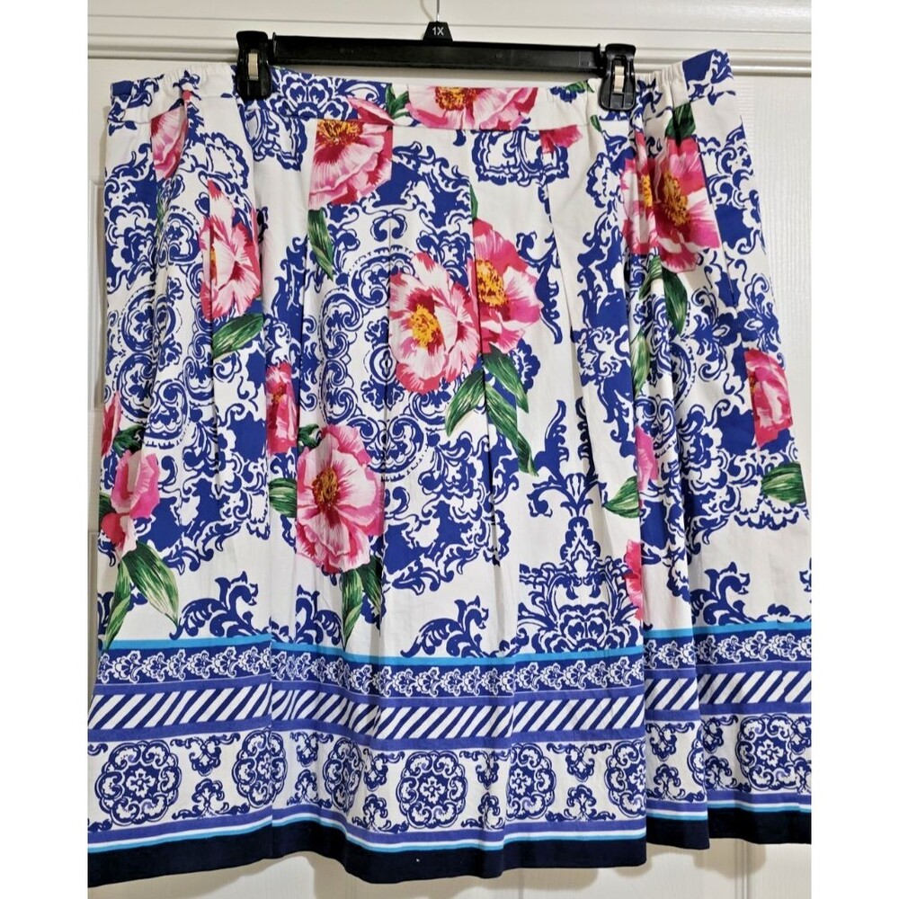 Talbots Floral Skirt Womens 22W Peony Blue Pink White Pleated Cotton Romantic